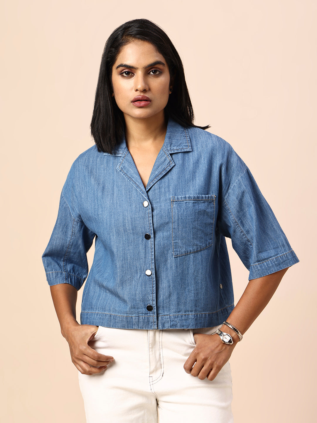 LAPEL COLLAR DROP SHOULDER CROPPED DENIM SHIRT