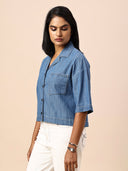 LAPEL COLLAR DROP SHOULDER CROPPED DENIM SHIRT