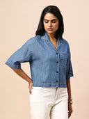 LAPEL COLLAR DROP SHOULDER CROPPED DENIM SHIRT