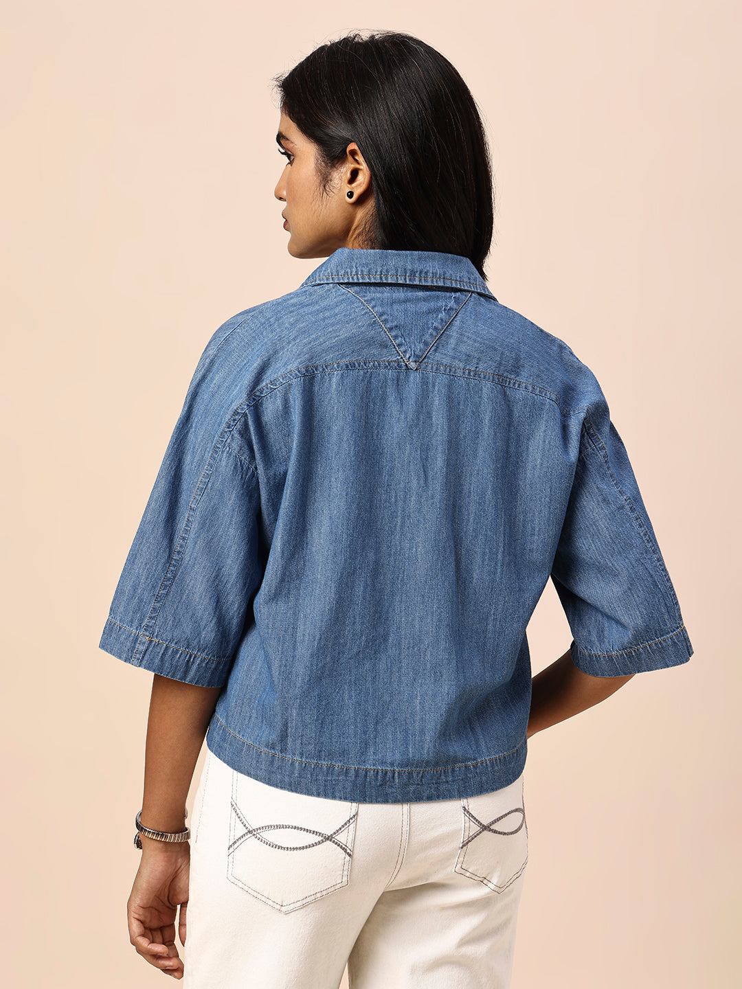 LAPEL COLLAR DROP SHOULDER CROPPED DENIM SHIRT