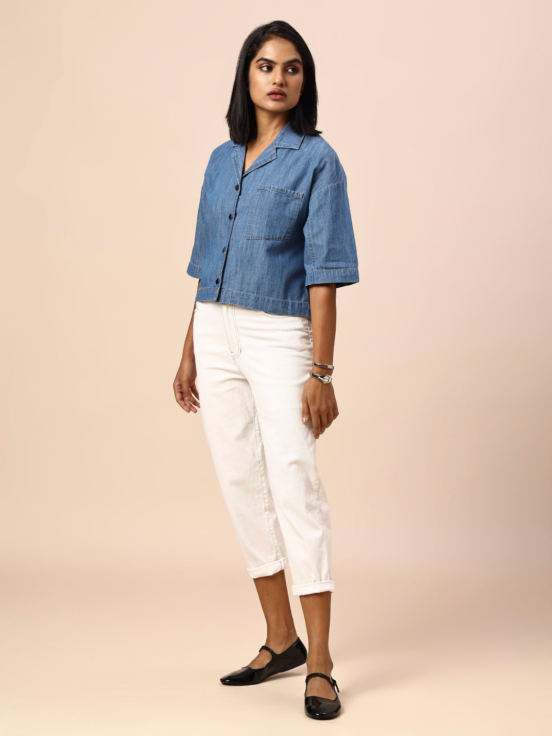 LAPEL COLLAR DROP SHOULDER CROPPED DENIM SHIRT