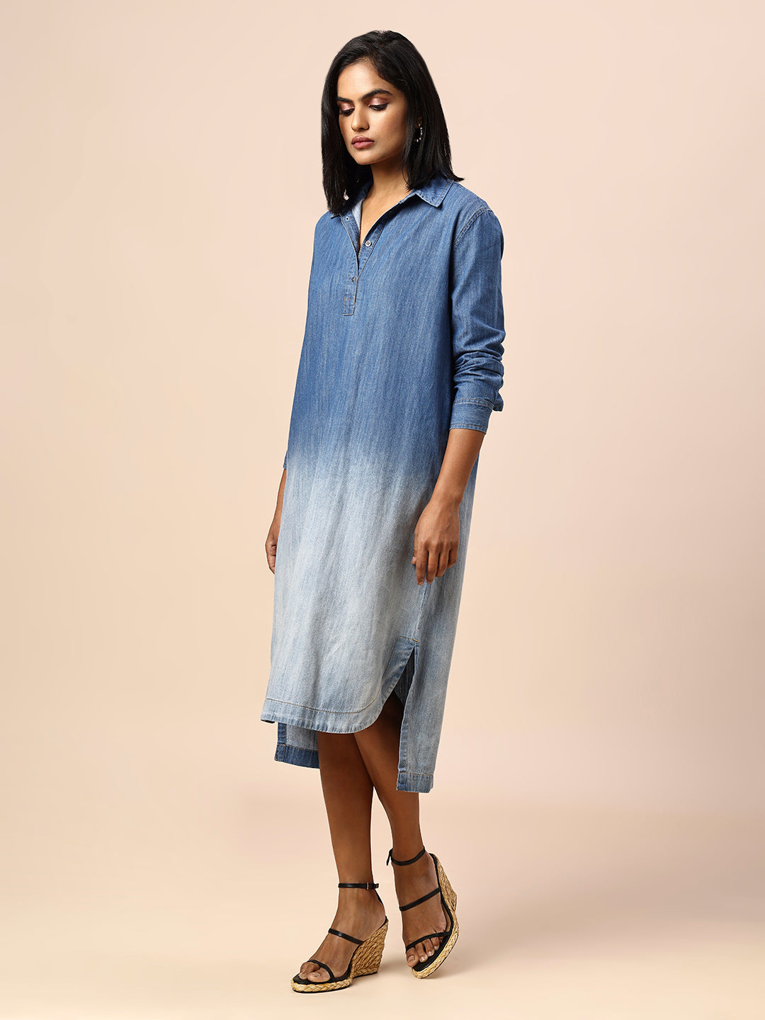 OMBRE WASH DENIM SHIRT DRESS W/ HIGH LOW HEM