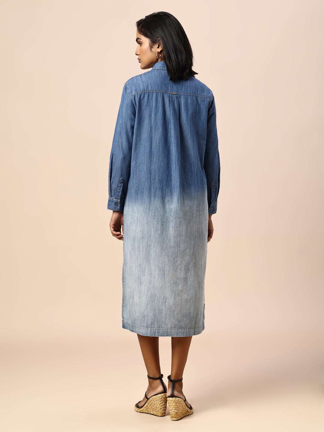 OMBRE WASH DENIM SHIRT DRESS W/ HIGH LOW HEM