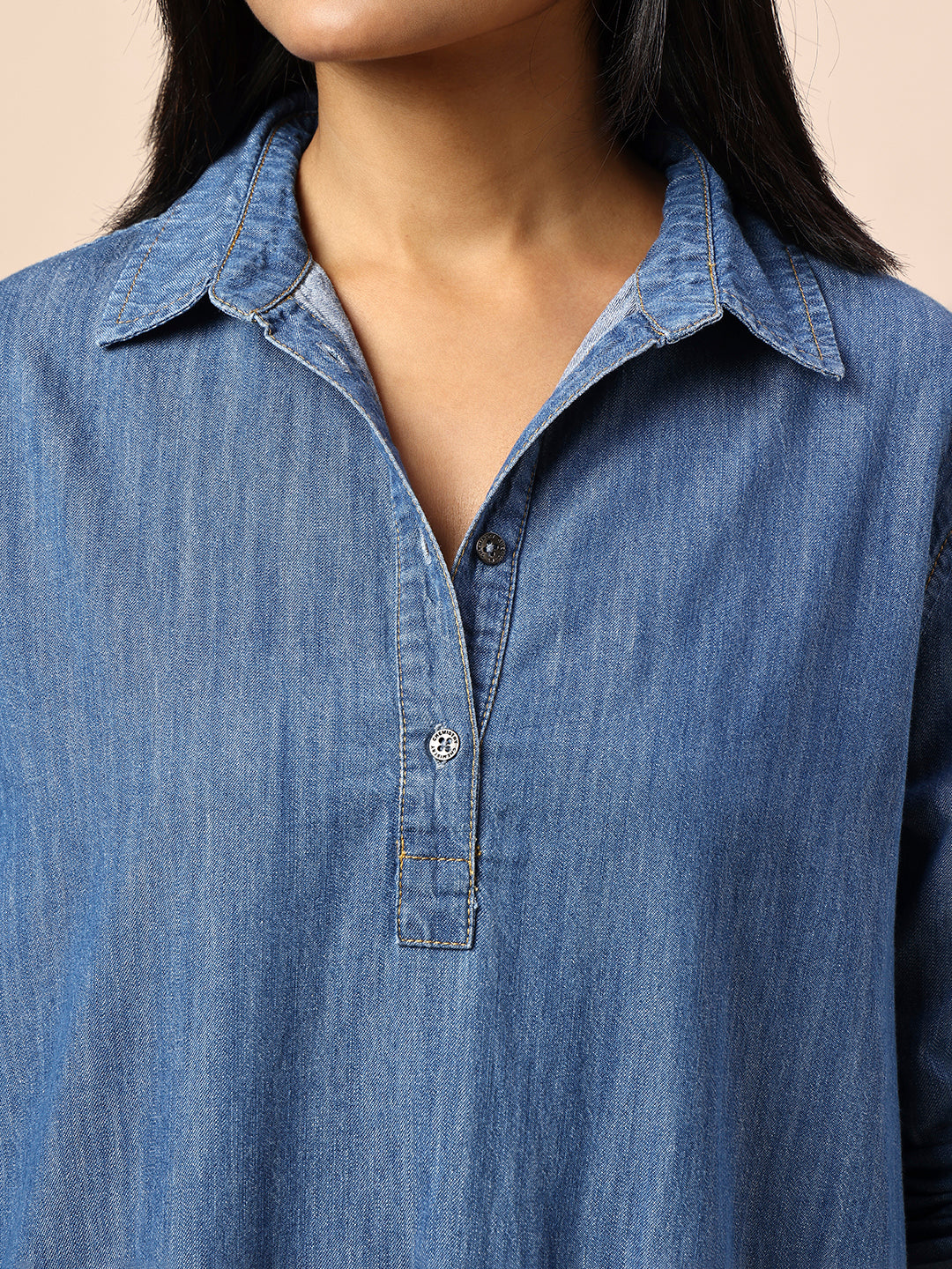 OMBRE WASH DENIM SHIRT DRESS W/ HIGH LOW HEM