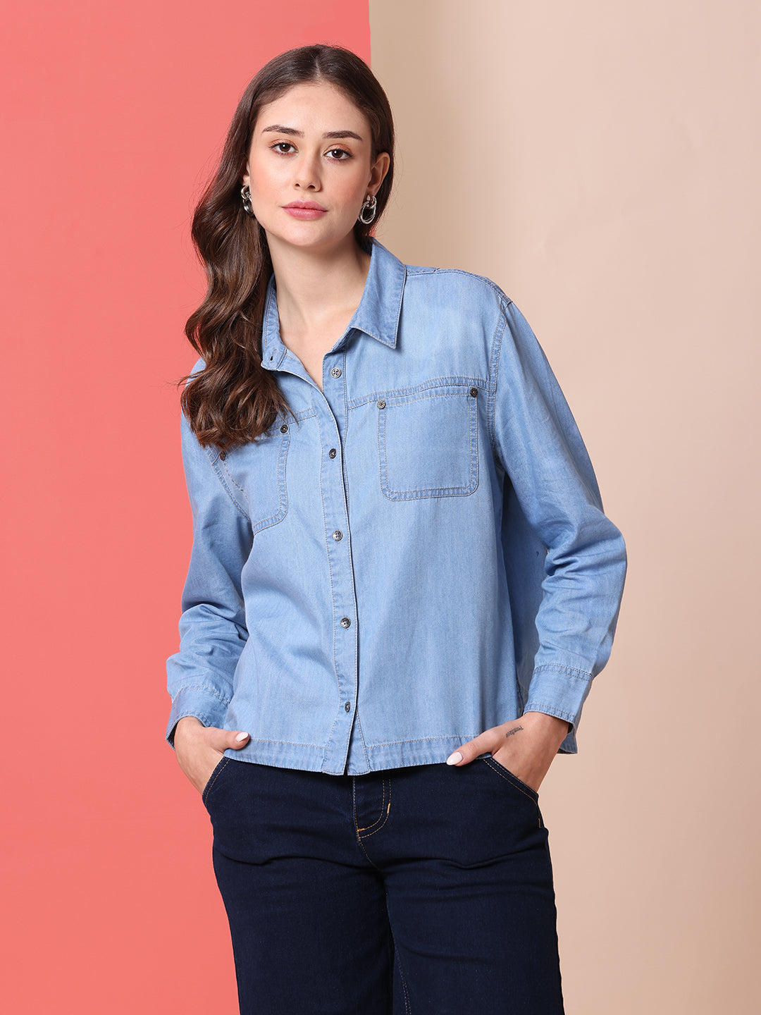 DENIM CROPPED FLUID SHIRT