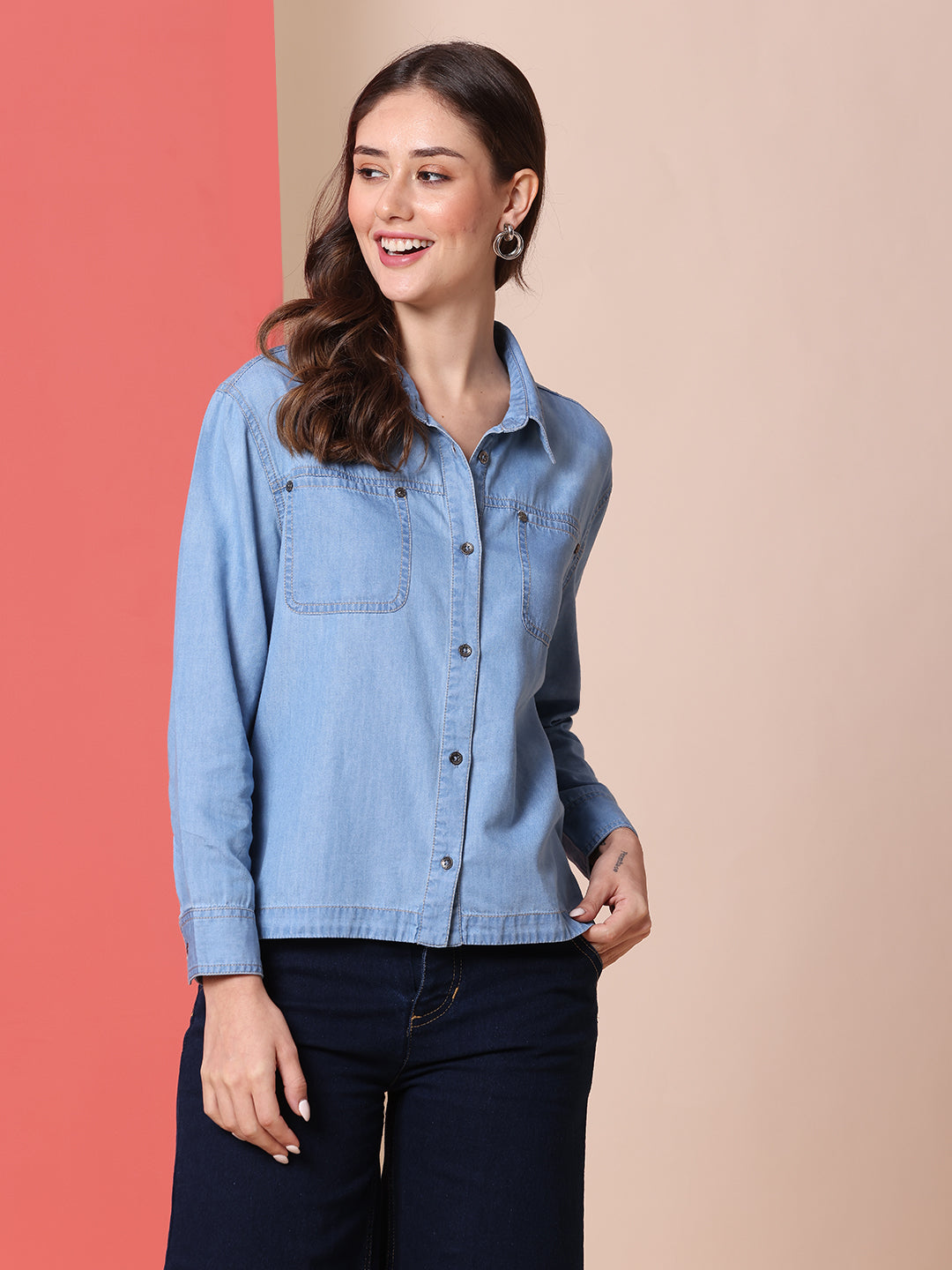 DENIM CROPPED FLUID SHIRT