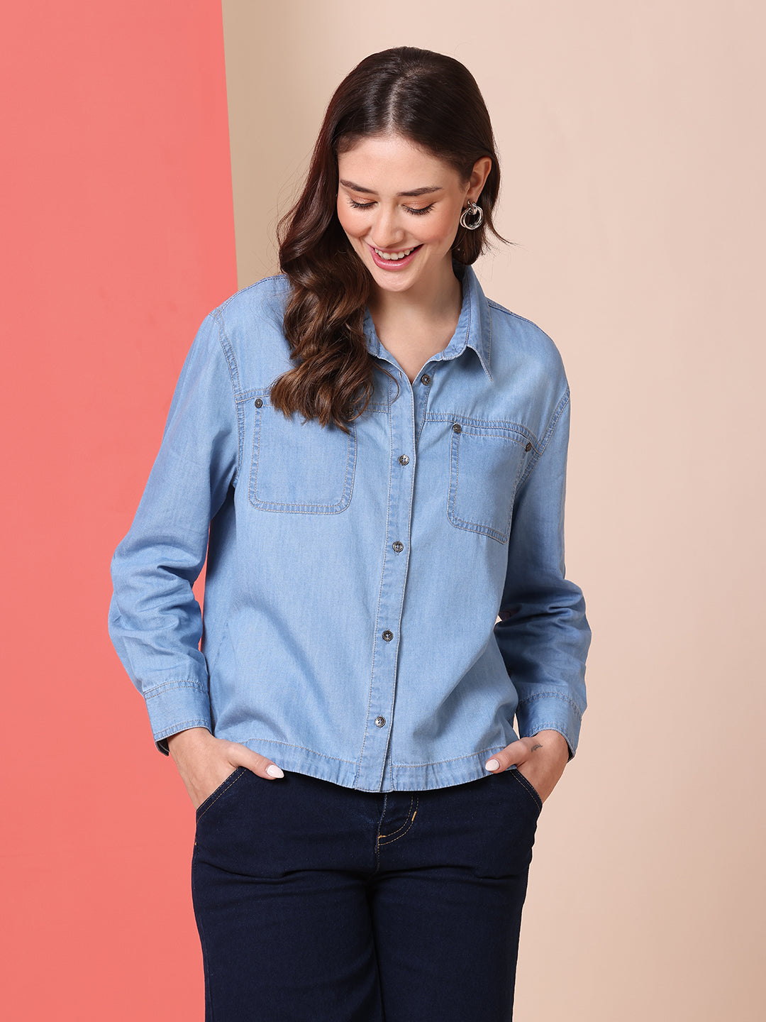 DENIM CROPPED FLUID SHIRT