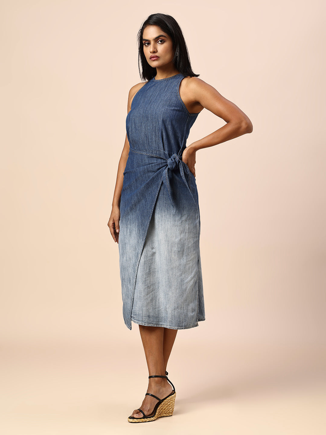 OMBRE WASH DENIM FAUX WRAP SIDE SLIT DRESS