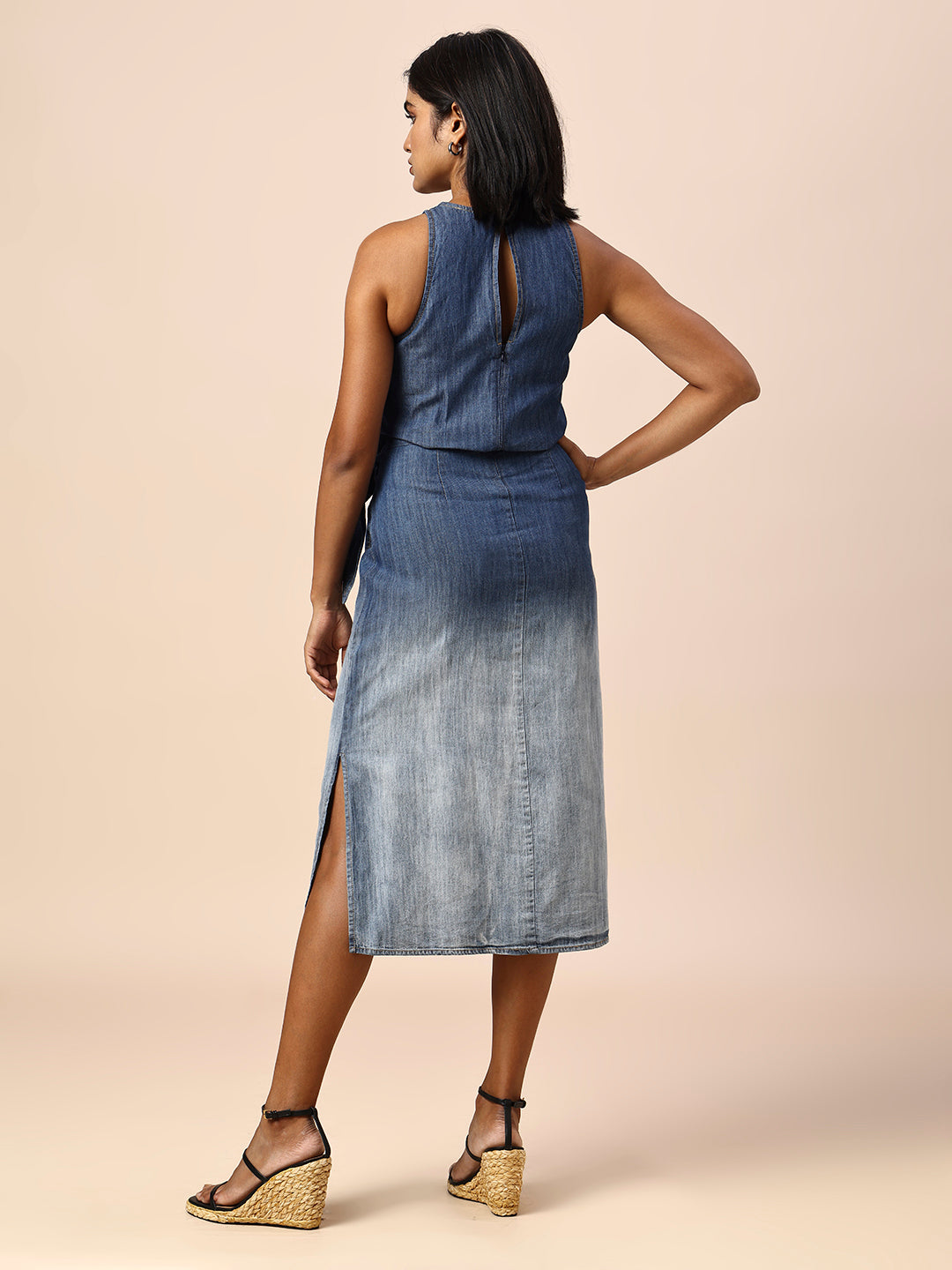 OMBRE WASH DENIM FAUX WRAP SIDE SLIT DRESS