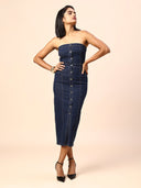 BUTTON DOWN STRAPLESS DENIM DRESS