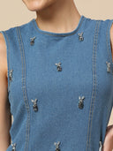 RHINESTONE EMBELLISHED DENIM FITTED MINI DRESS