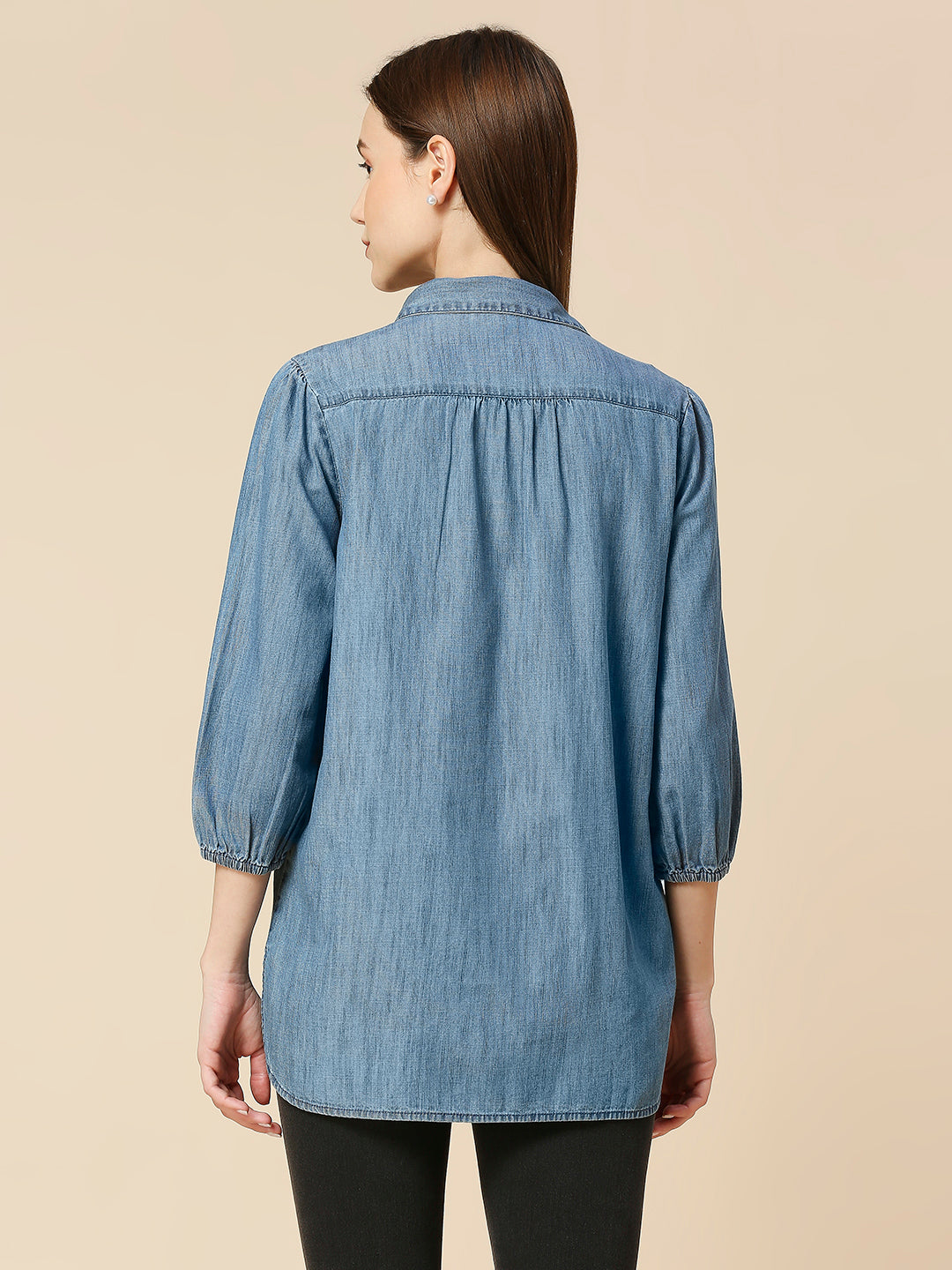 MID WASH DENIM LONGLINE SHIRT WITH INTRICATE LACE LIKE EMBROIDERY