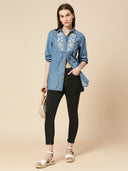 MID WASH DENIM LONGLINE SHIRT WITH INTRICATE LACE LIKE EMBROIDERY