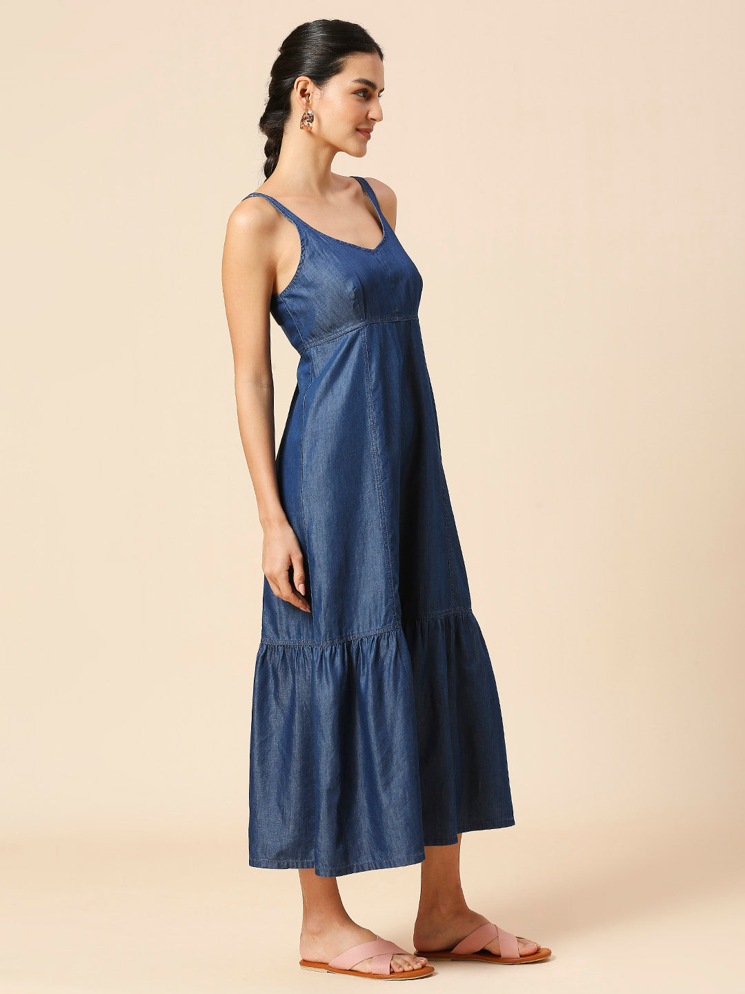 LIGHT WEIGHT DENIM EMPIRE LINE TIERED DRESS