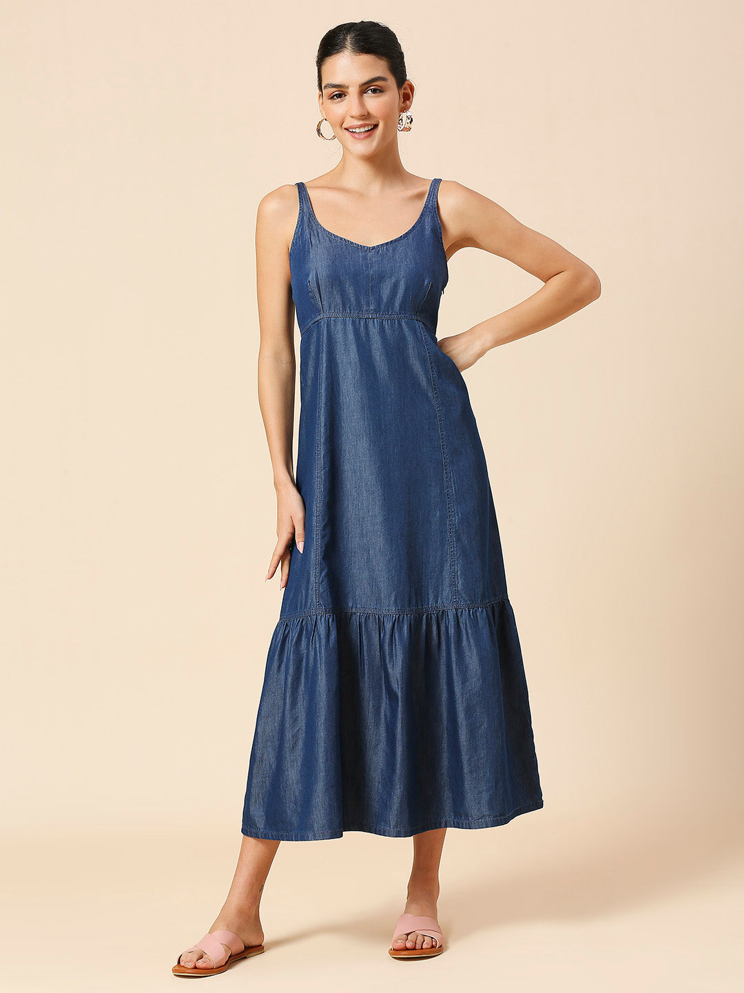 LIGHT WEIGHT DENIM EMPIRE LINE TIERED DRESS