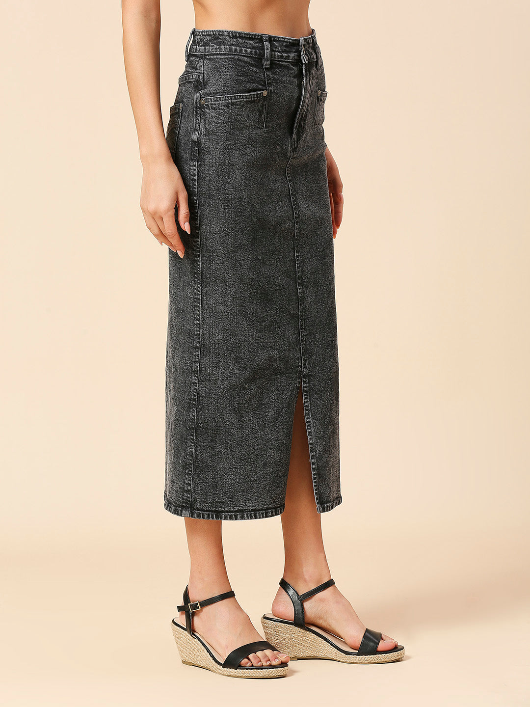 ACID WASH DENIM 5 POCKET FRONT SLIT PENCIL SKIRT