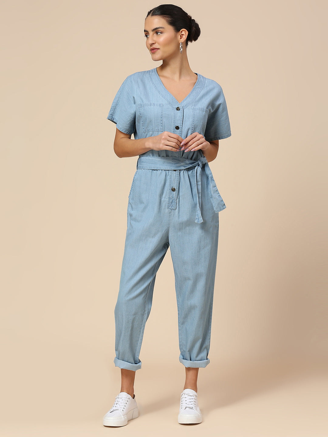 ICE BLUE WASH SOFT LIGHTWEIGHT COTTON DENIM JUMPSUIT