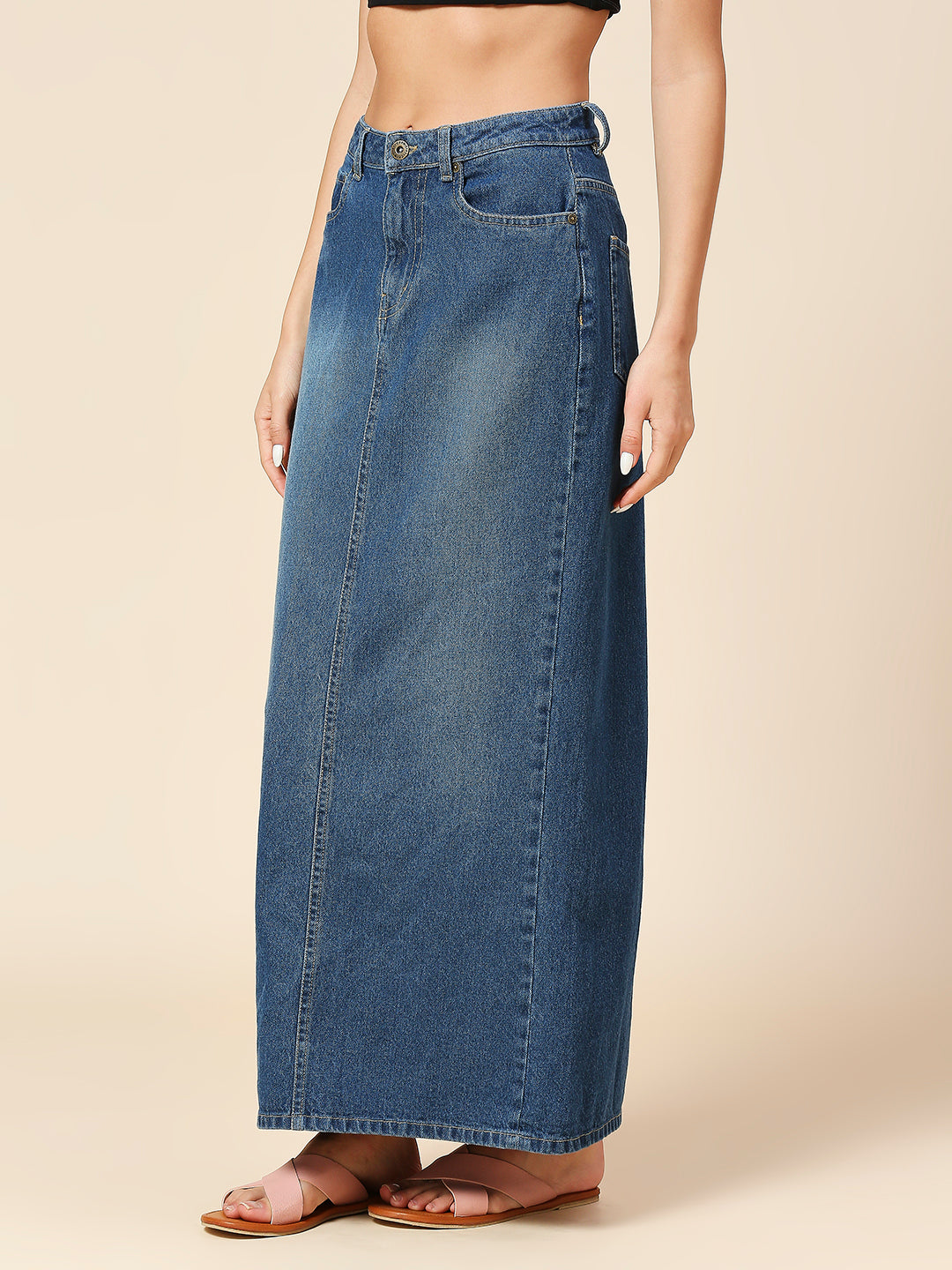 FADED WASH DENIM 5 POCKET STRAIGHT FIT MAXI SKIRT