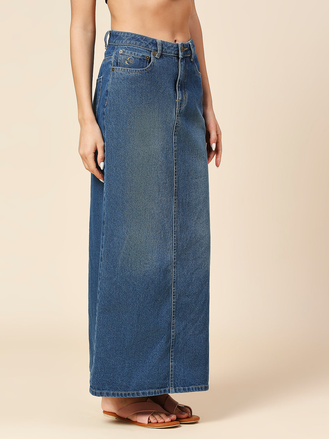 FADED WASH DENIM 5 POCKET STRAIGHT FIT MAXI SKIRT