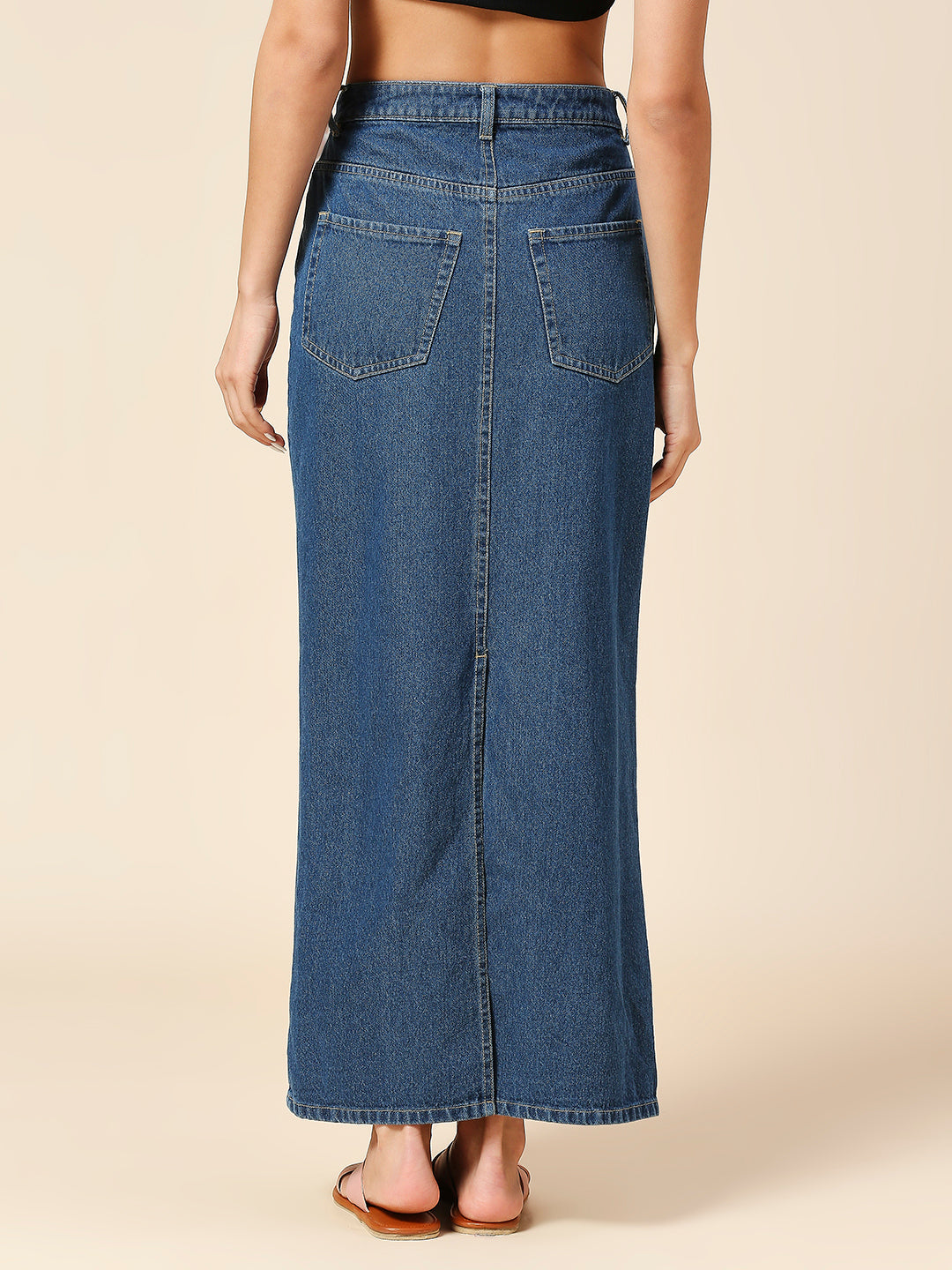 FADED WASH DENIM 5 POCKET STRAIGHT FIT MAXI SKIRT