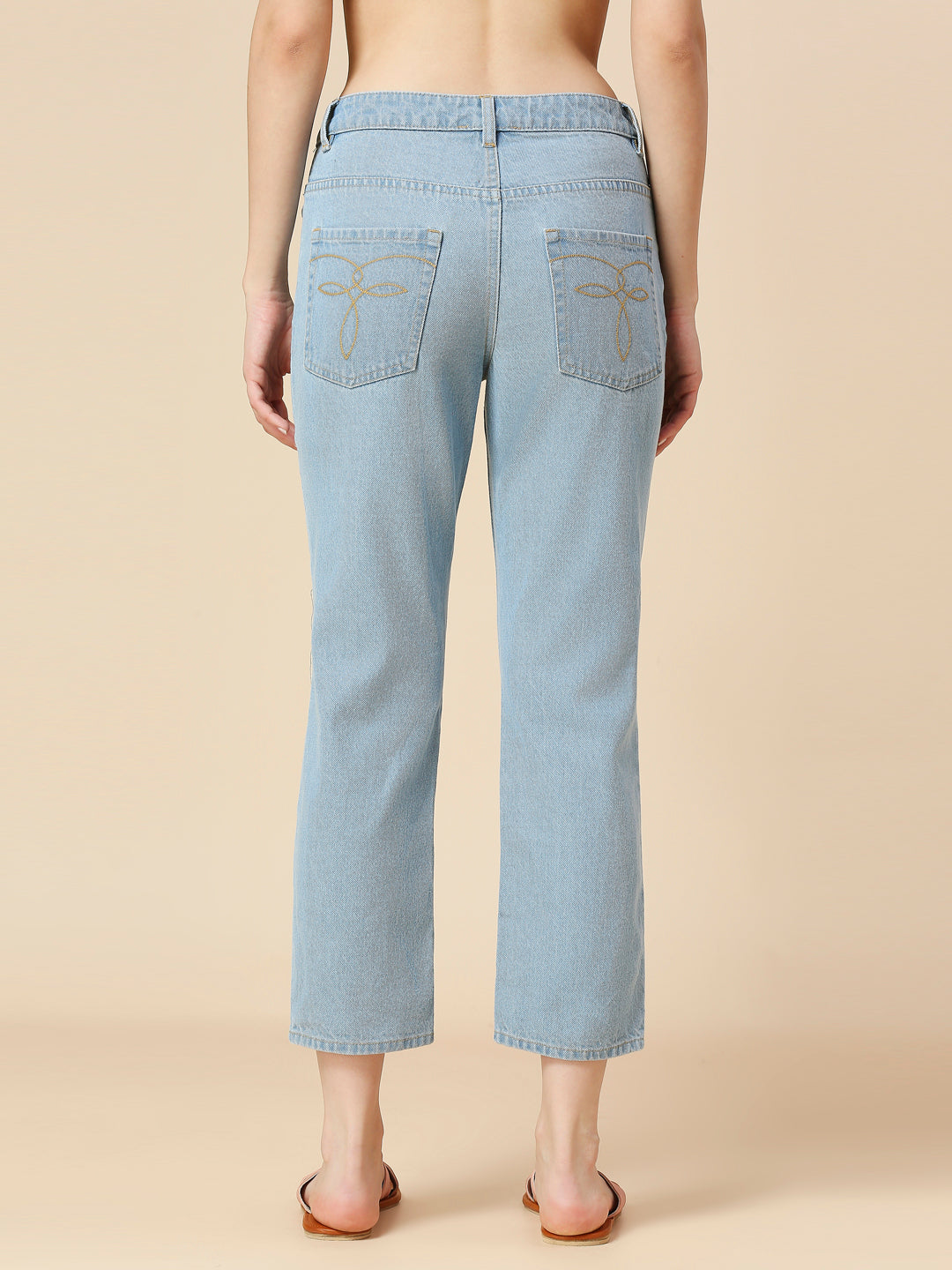 ICE WASH DENIM MID RISE STRAIGHT LEG CROPPED JEANS