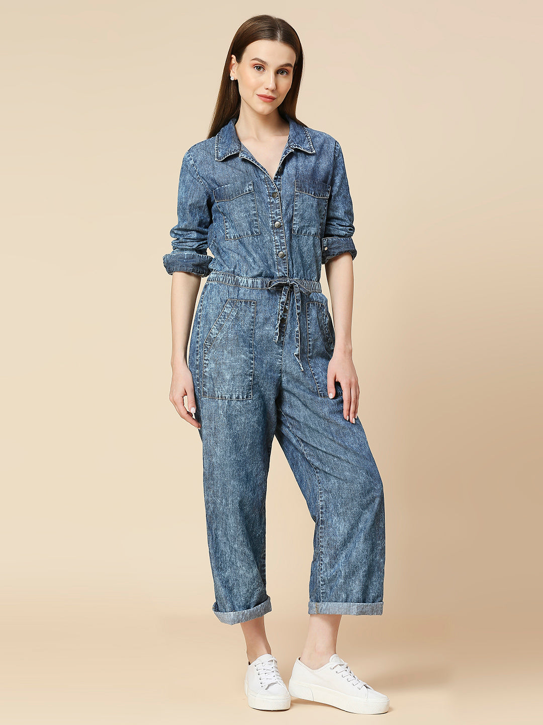 DENIM ACID WASH STRAIGHT LEG JUMPSUIT