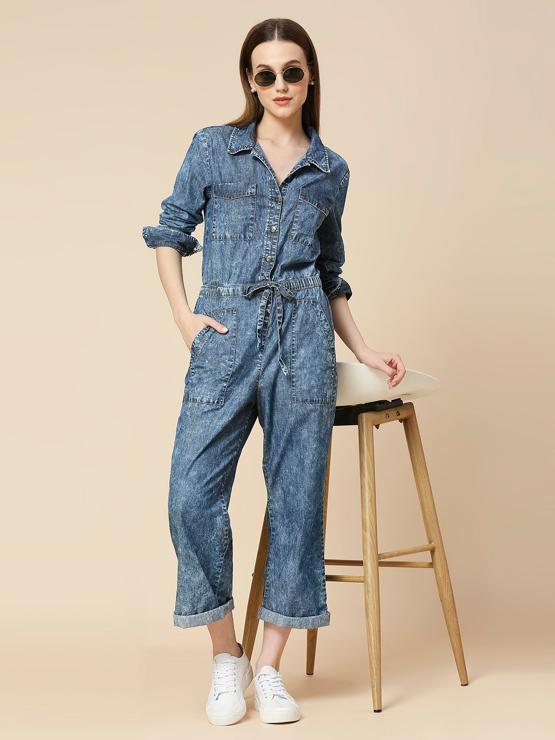 DENIM ACID WASH STRAIGHT LEG JUMPSUIT