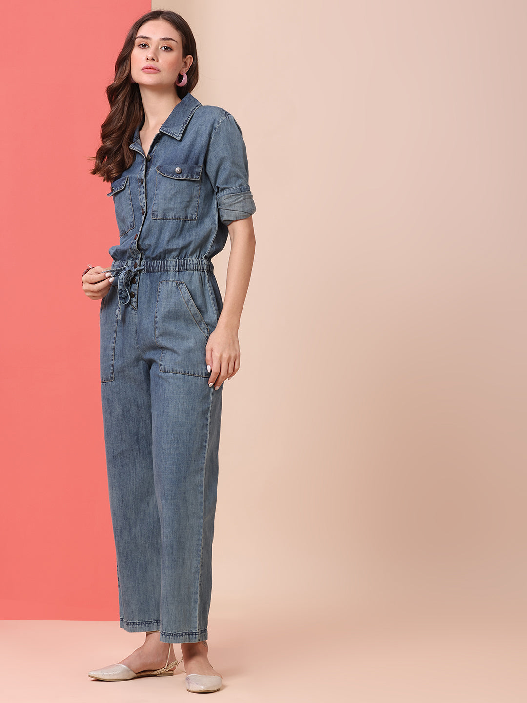 DENIM ACID WASH STRAIGHT LEG JUMPSUIT