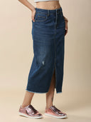MID BLUE WASH DENIM 5 POCKET FRONT SLIT SKIRT
