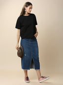 MID BLUE WASH DENIM 5 POCKET FRONT SLIT SKIRT