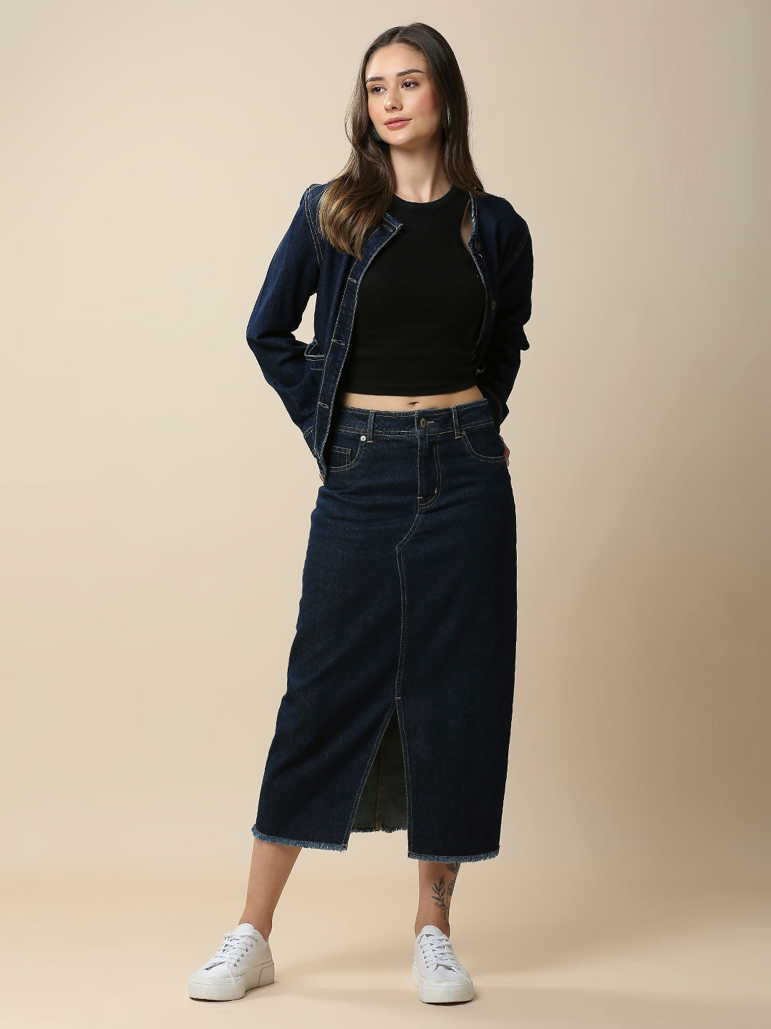 INDIGO WASH DENIM 5 POCKET FRONT SLIT SKIRT