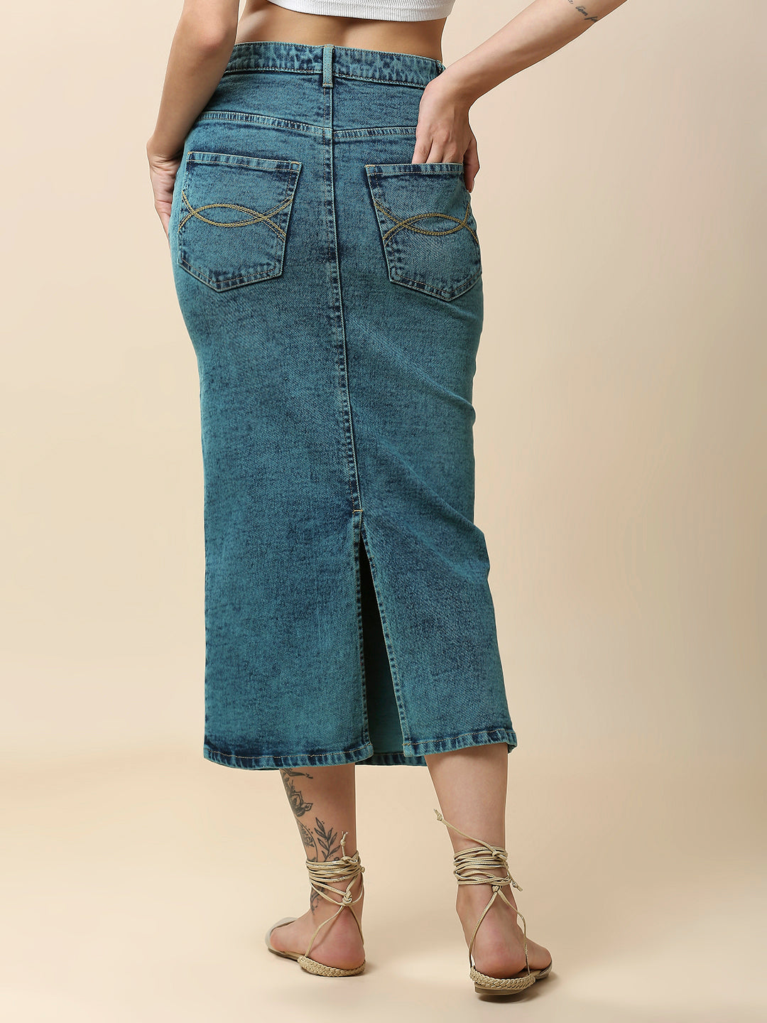 OVERDYED DENIM 5 POCKET PENCIL SKIRT