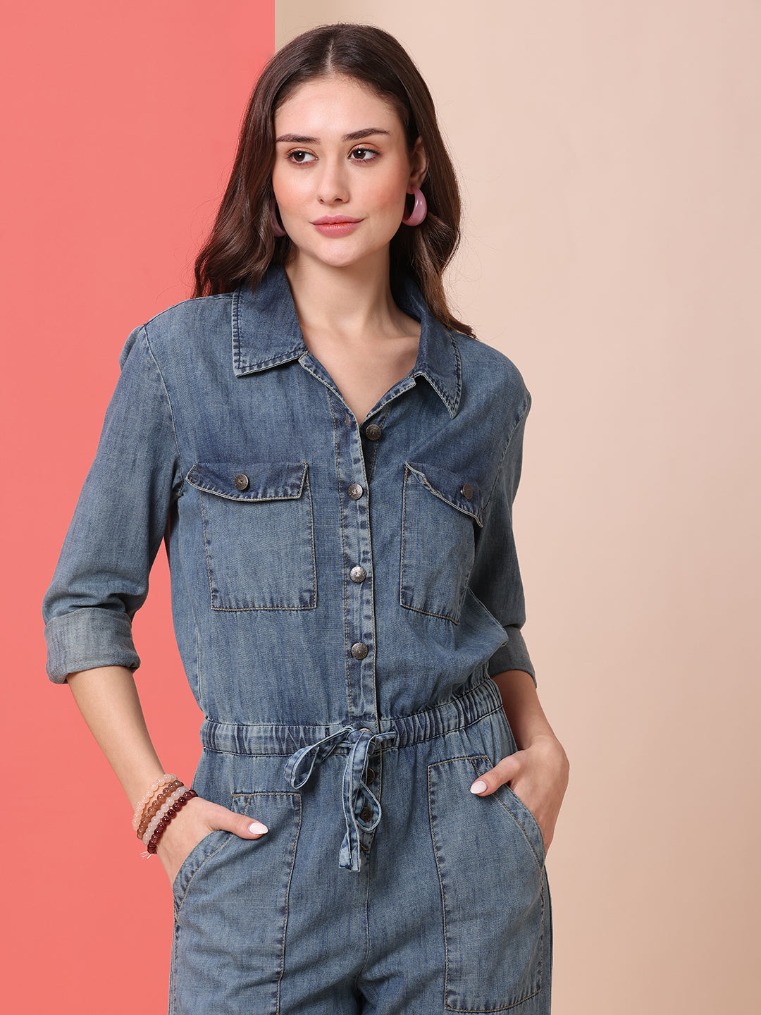 DENIM ACID WASH STRAIGHT LEG JUMPSUIT