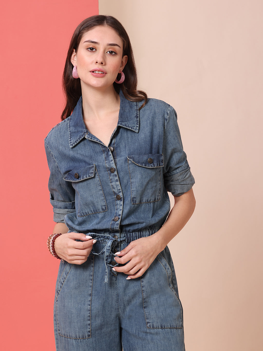 DENIM ACID WASH STRAIGHT LEG JUMPSUIT