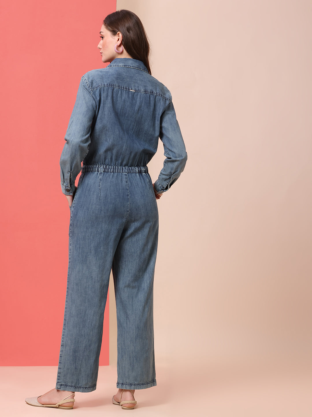 DENIM ACID WASH STRAIGHT LEG JUMPSUIT