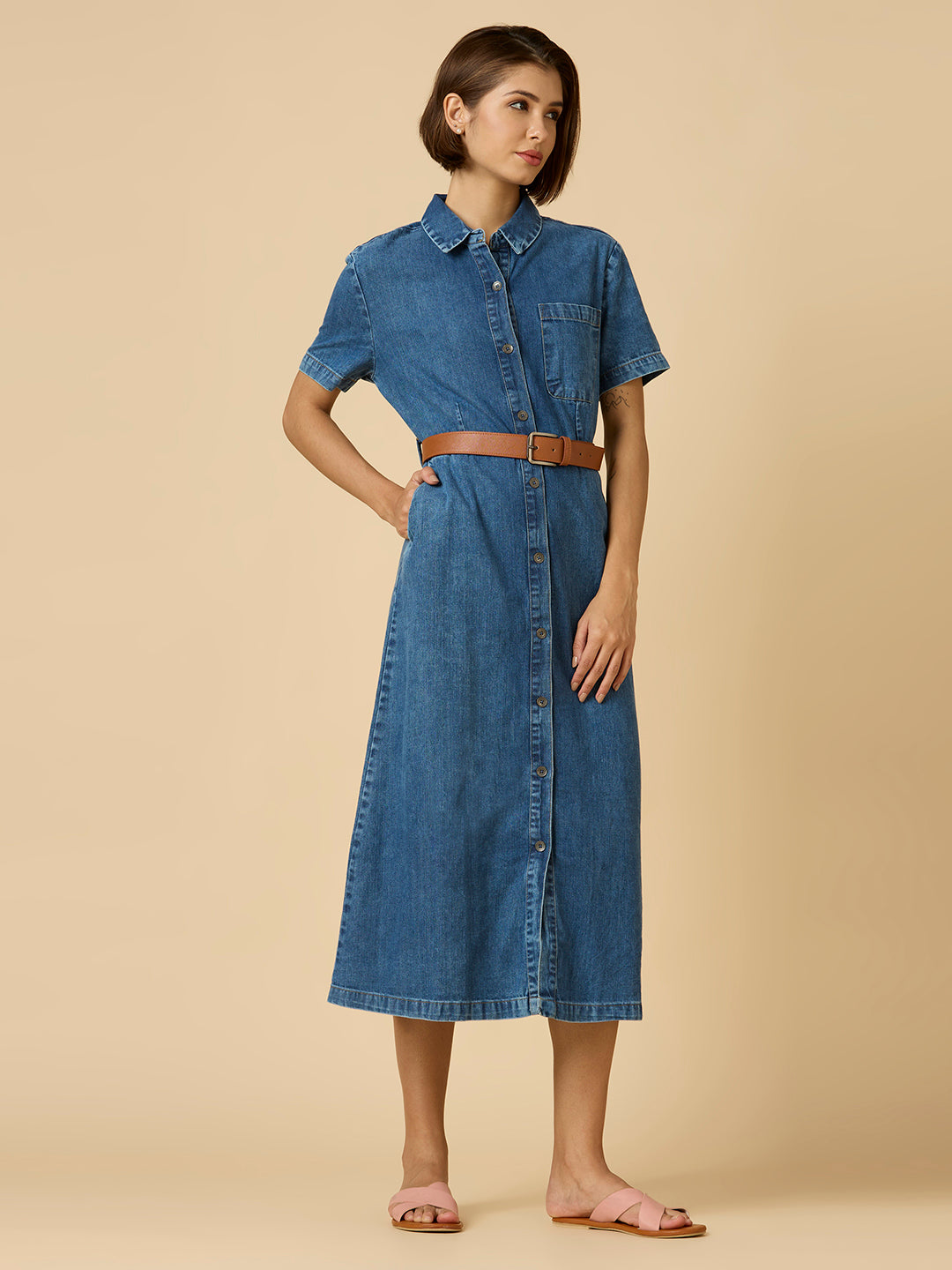 DENIM BELTED SHIRT DRESS