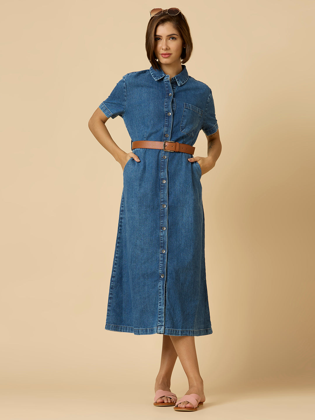 DENIM BELTED SHIRT DRESS