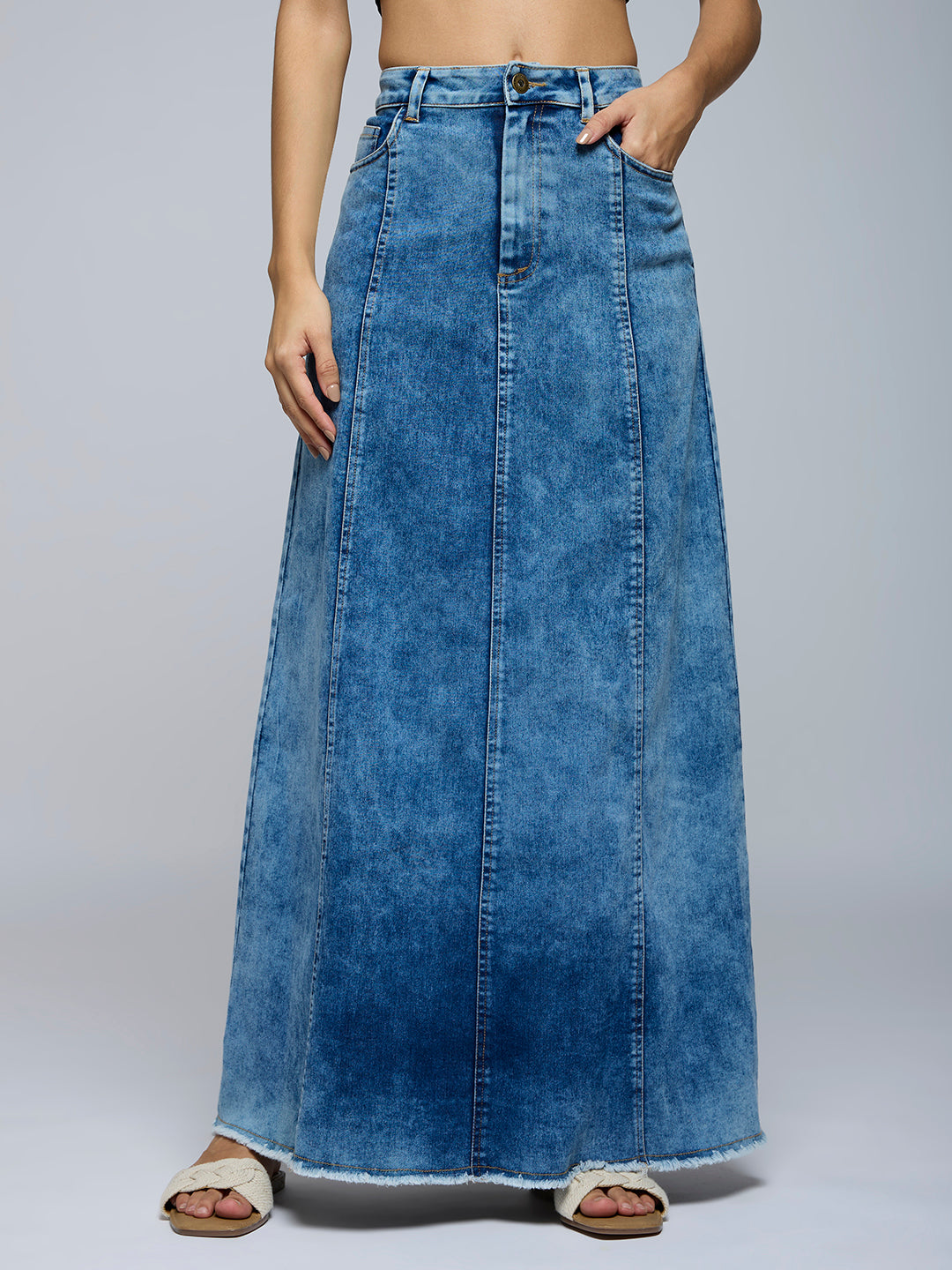 PANELLED ACID WASH DENIM MAXI SKIRT