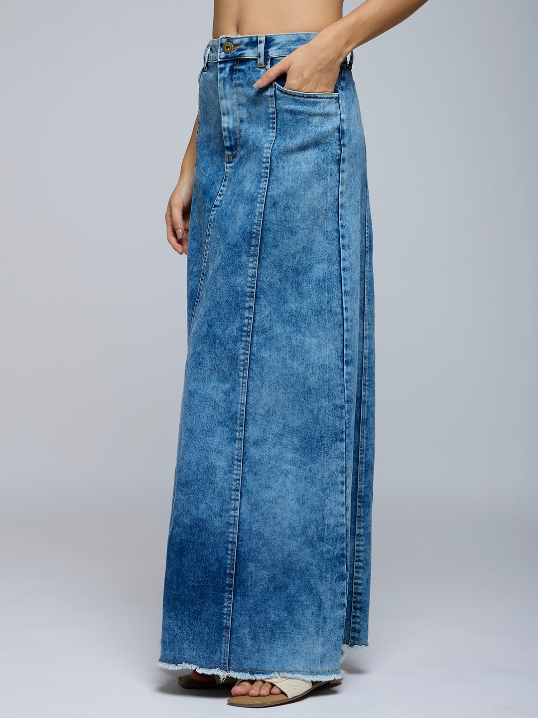 PANELLED ACID WASH DENIM MAXI SKIRT