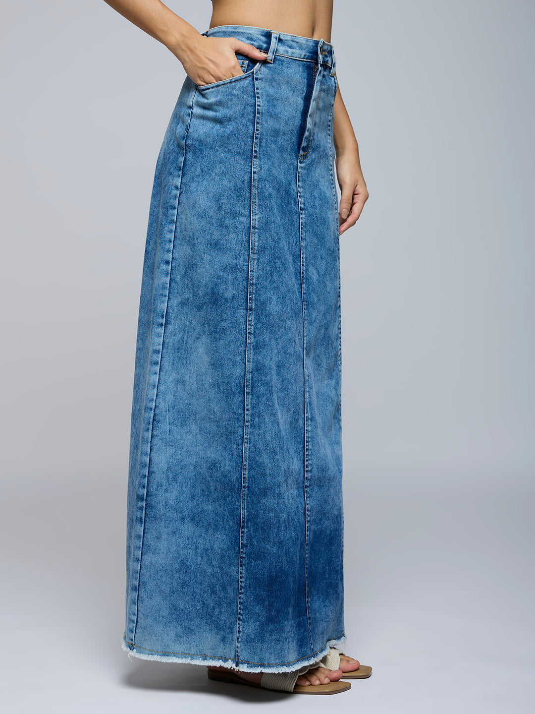 PANELLED ACID WASH DENIM MAXI SKIRT