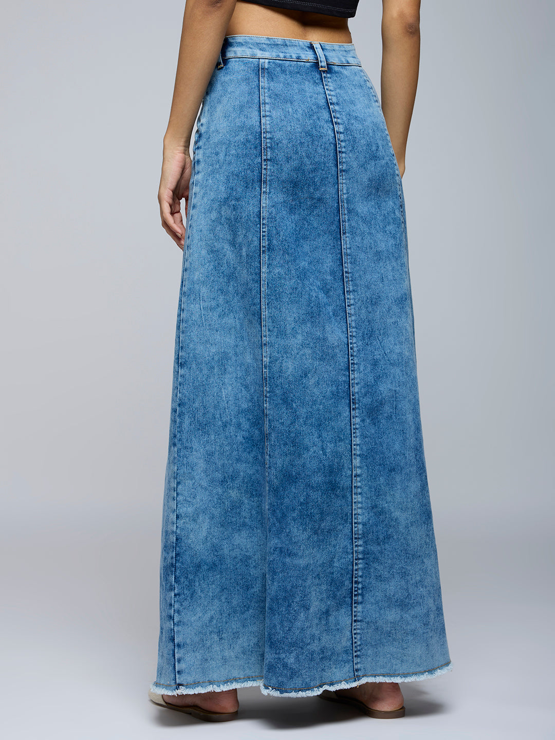 PANELLED ACID WASH DENIM MAXI SKIRT