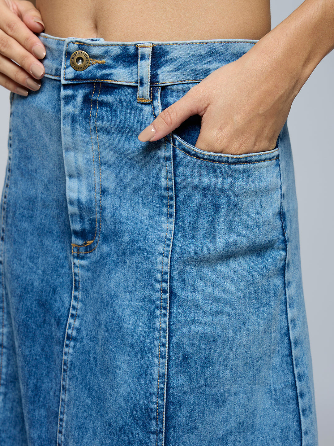 PANELLED ACID WASH DENIM MAXI SKIRT