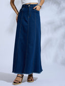 PANELLED INDIGO WASH DENIM MAXI SKIRT