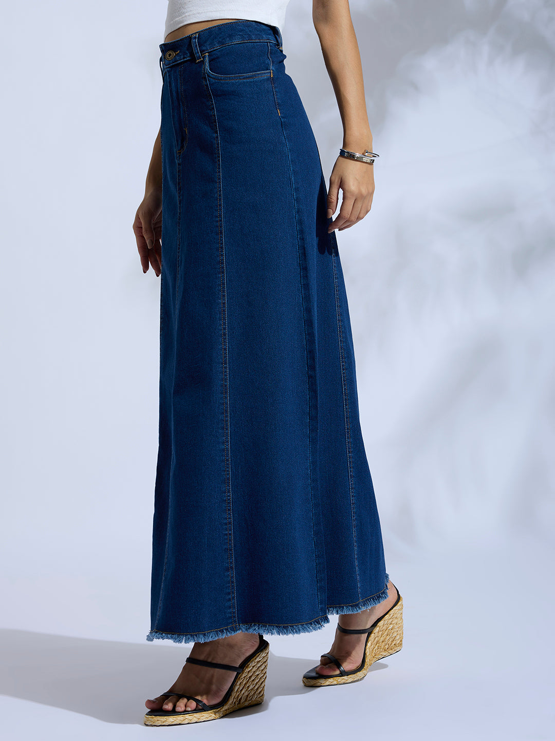 PANELLED INDIGO WASH DENIM MAXI SKIRT