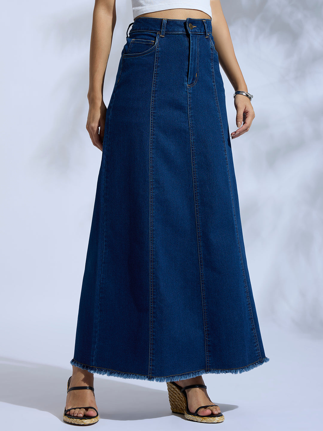 PANELLED INDIGO WASH DENIM MAXI SKIRT