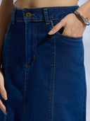 PANELLED INDIGO WASH DENIM MAXI SKIRT