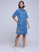 DENIM EMBROIDERED BELTED SHIRT DRESS
