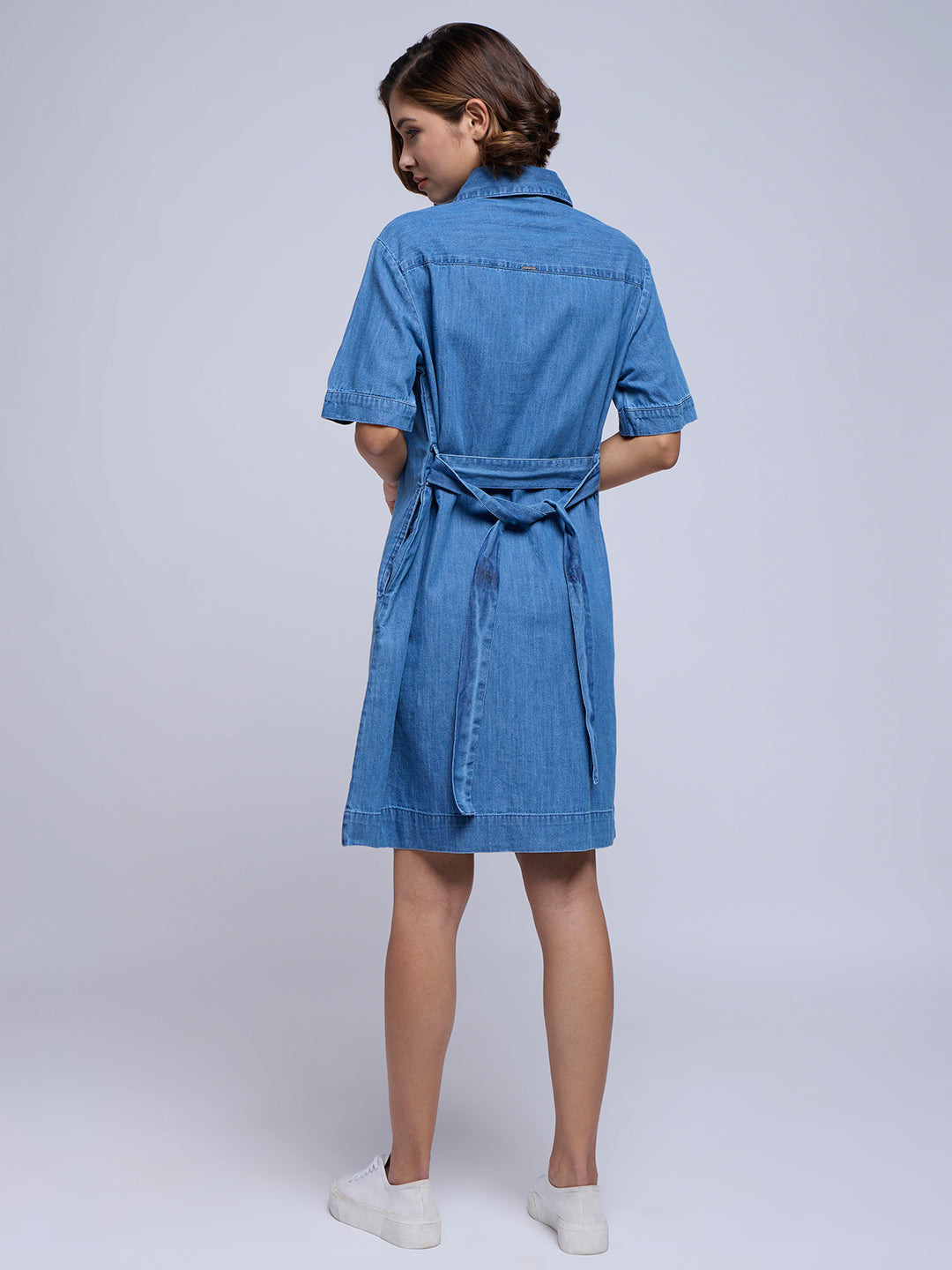 DENIM EMBROIDERED BELTED SHIRT DRESS