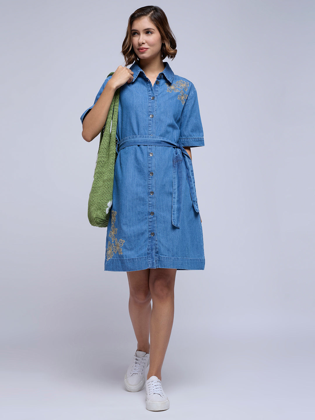 DENIM EMBROIDERED BELTED SHIRT DRESS