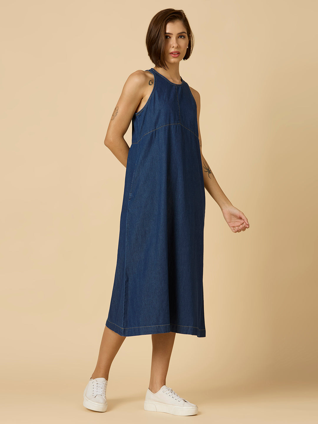 DENIM A-LINE CALF LENGTH DRESS